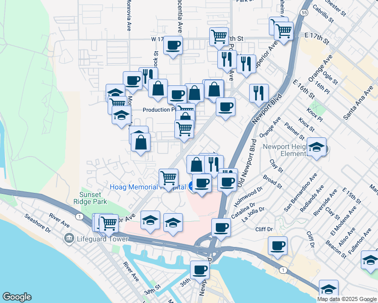 map of restaurants, bars, coffee shops, grocery stores, and more near 416 Bolero Way in Newport Beach