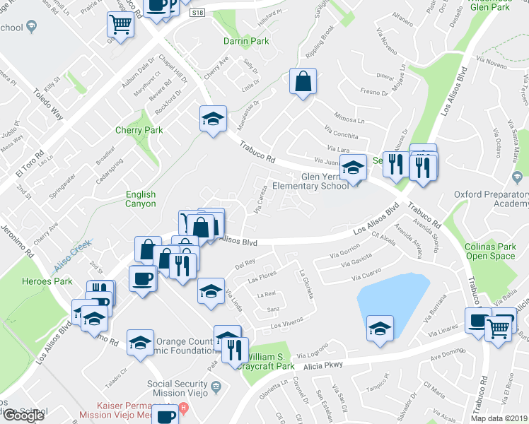 map of restaurants, bars, coffee shops, grocery stores, and more near 23018 Vía Cereza in Mission Viejo