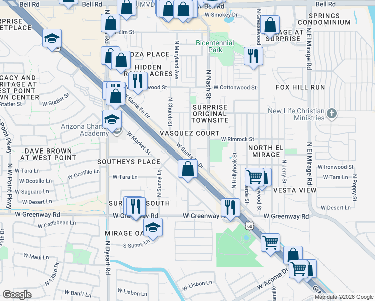 map of restaurants, bars, coffee shops, grocery stores, and more near 15833 North Desert Sage Street in Surprise