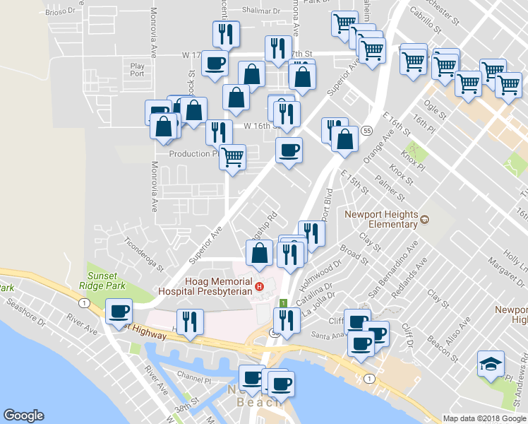 map of restaurants, bars, coffee shops, grocery stores, and more near 4220 Hilaria Way in Newport Beach