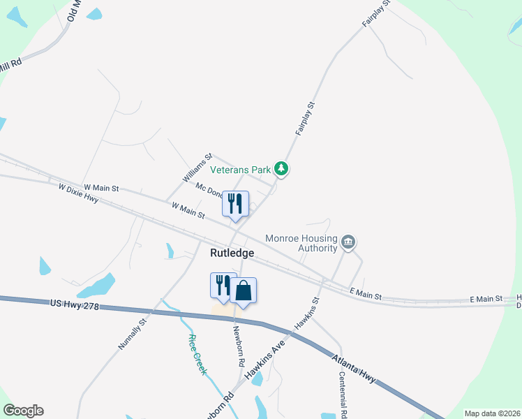 map of restaurants, bars, coffee shops, grocery stores, and more near 184 Fairplay Street in Rutledge