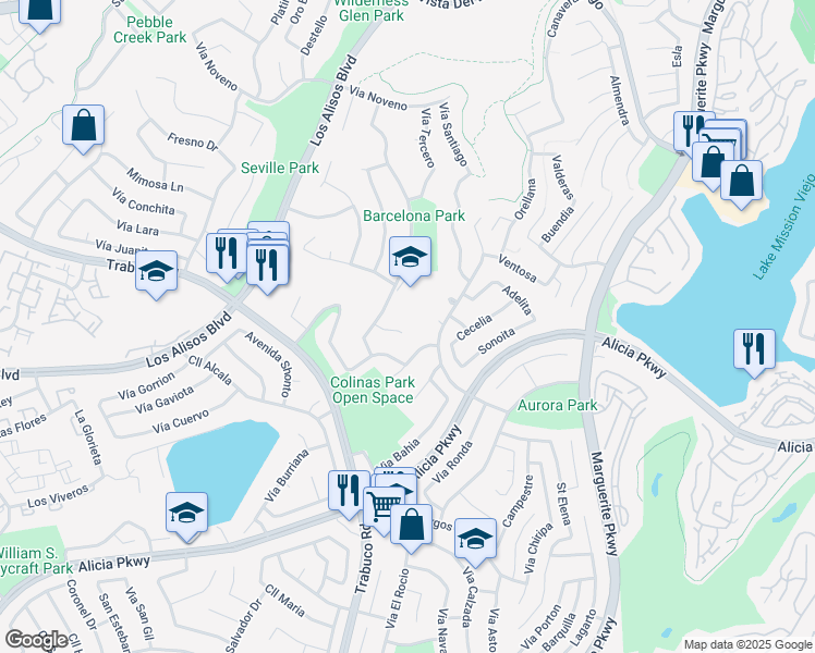 map of restaurants, bars, coffee shops, grocery stores, and more near 27031 Vía Fiesta in Mission Viejo