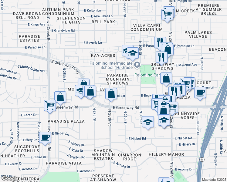 map of restaurants, bars, coffee shops, grocery stores, and more near 2827 East Waltann Lane in Phoenix