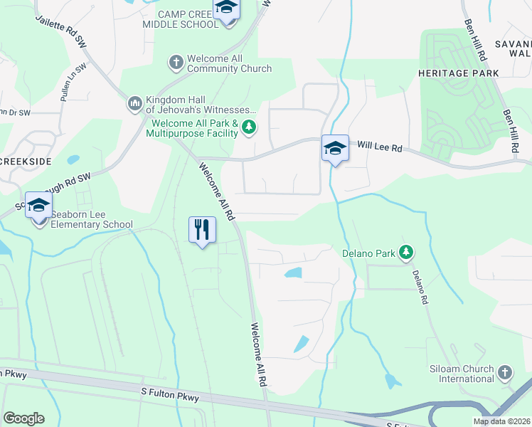 map of restaurants, bars, coffee shops, grocery stores, and more near Kenwood Trail in South Fulton