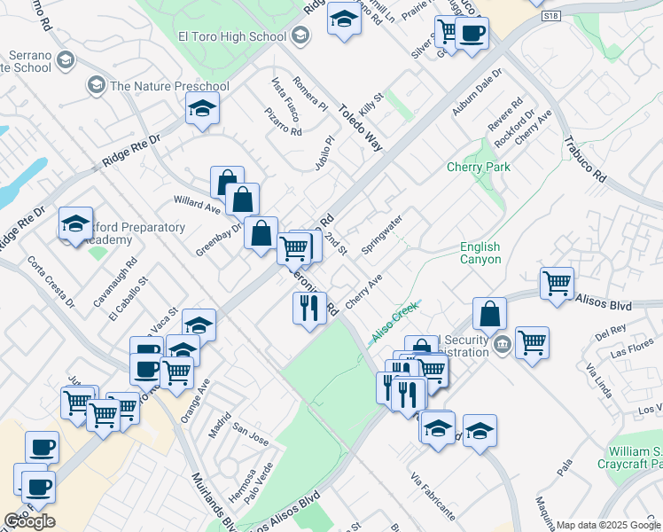 map of restaurants, bars, coffee shops, grocery stores, and more near 23012 Village Drive in Lake Forest