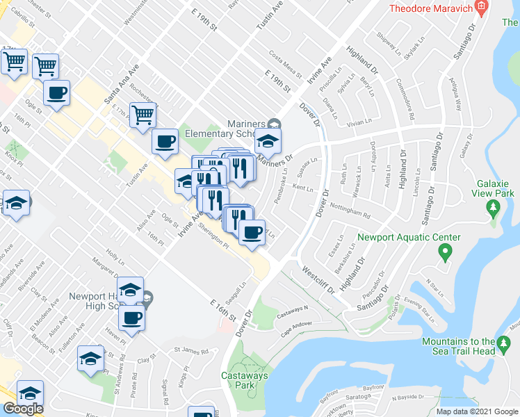 map of restaurants, bars, coffee shops, grocery stores, and more near 1058 Irvine Avenue in Newport Beach