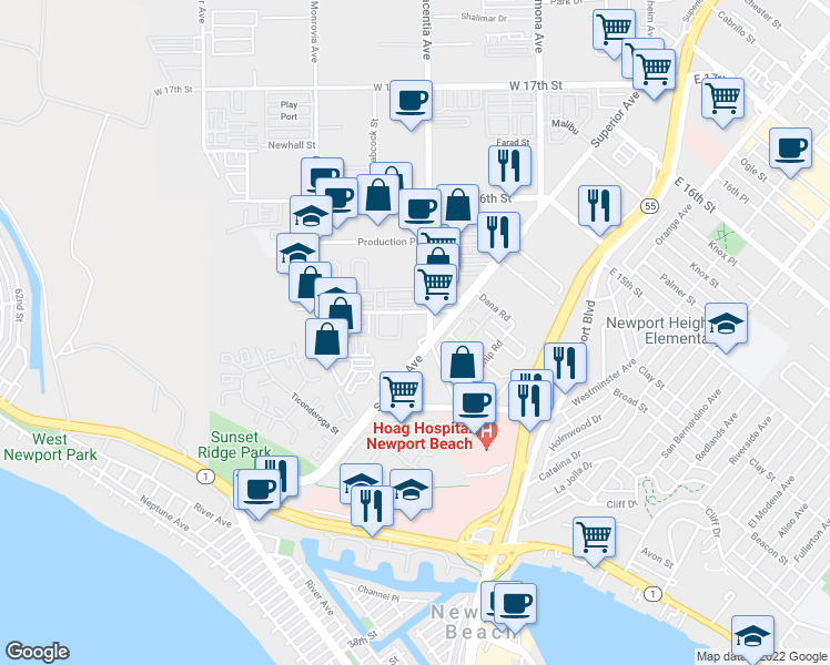 map of restaurants, bars, coffee shops, grocery stores, and more near 71 Bluffin Court in Newport Beach