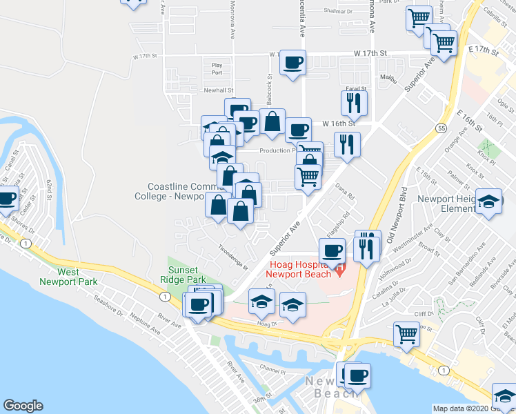 map of restaurants, bars, coffee shops, grocery stores, and more near 4 Bluefin Court in Newport Beach