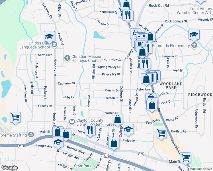 map of restaurants, bars, coffee shops, grocery stores, and more near 831 Catherine Street in Forest Park