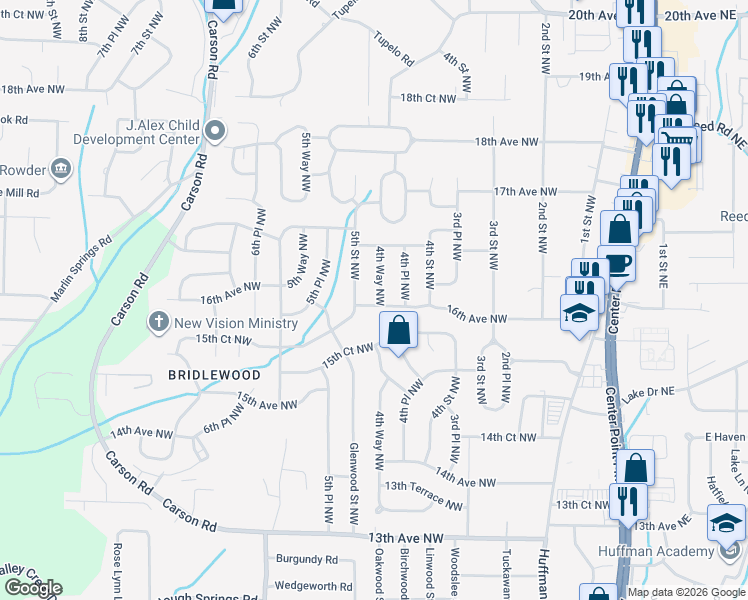 map of restaurants, bars, coffee shops, grocery stores, and more near 1604 4th Way Northwest in Center Point