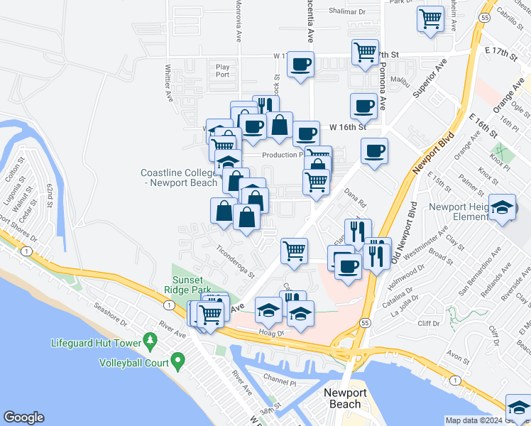 map of restaurants, bars, coffee shops, grocery stores, and more near 4 Nautical Mile Drive in Newport Beach