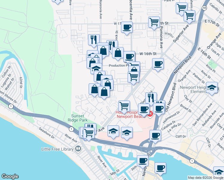 map of restaurants, bars, coffee shops, grocery stores, and more near 2 Nautical Mile Drive in Newport Beach