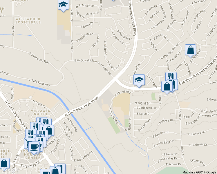map of restaurants, bars, coffee shops, grocery stores, and more near 15550 North Thompson Peak Parkway in Scottsdale