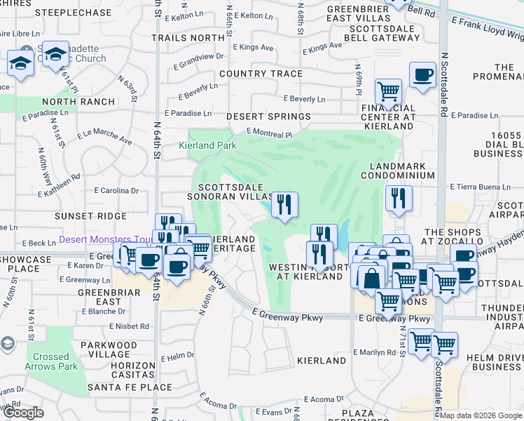 map of restaurants, bars, coffee shops, grocery stores, and more near 15648 North Clubgate Drive in Scottsdale
