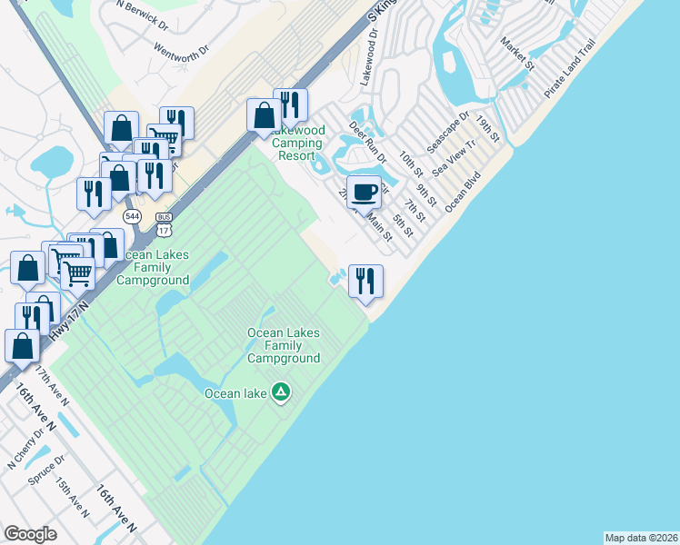 map of restaurants, bars, coffee shops, grocery stores, and more near in Surfside Beach