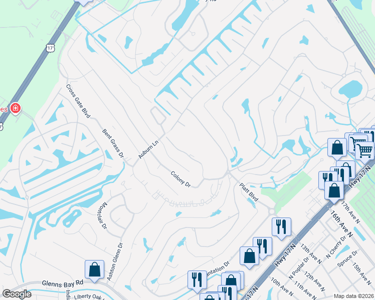map of restaurants, bars, coffee shops, grocery stores, and more near 1850 Fairway Ridge Drive in Myrtle Beach