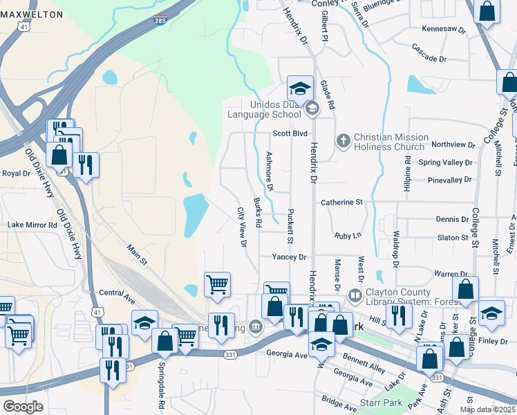 map of restaurants, bars, coffee shops, grocery stores, and more near 4632 Burks Road in Forest Park