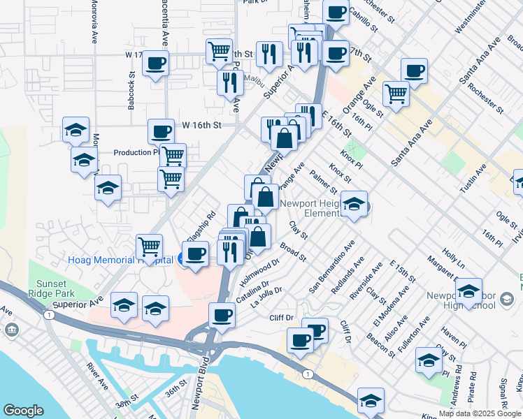 map of restaurants, bars, coffee shops, grocery stores, and more near 477 Old Newport Boulevard in Newport Beach