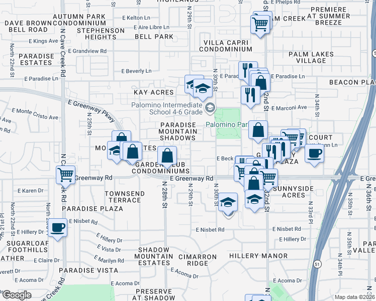 map of restaurants, bars, coffee shops, grocery stores, and more near 15610 North 29th Street in Phoenix