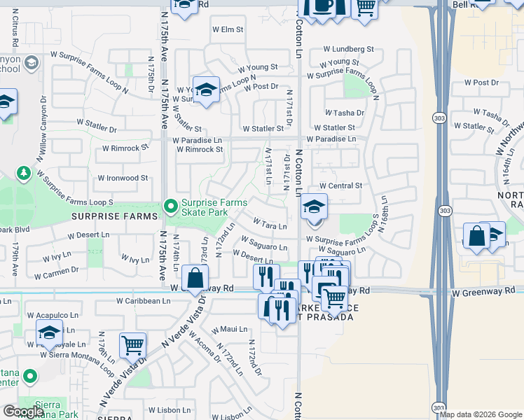 map of restaurants, bars, coffee shops, grocery stores, and more near 17251 West Ironwood Street in Surprise