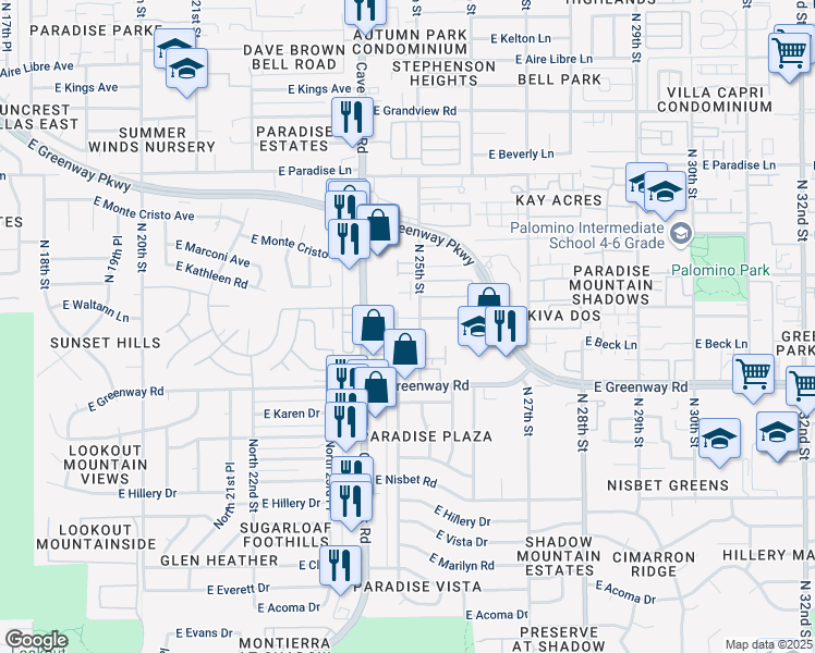 map of restaurants, bars, coffee shops, grocery stores, and more near 2439 East Waltann Lane in Phoenix