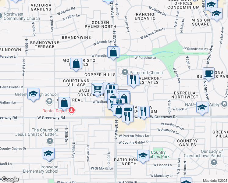 map of restaurants, bars, coffee shops, grocery stores, and more near 15648 North 35th Avenue in Phoenix