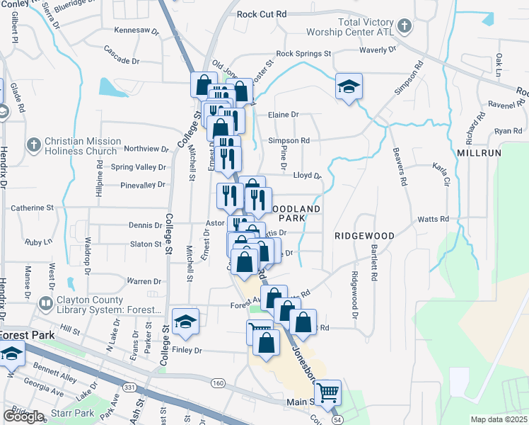 map of restaurants, bars, coffee shops, grocery stores, and more near 1073 South Parkwood Drive in Forest Park