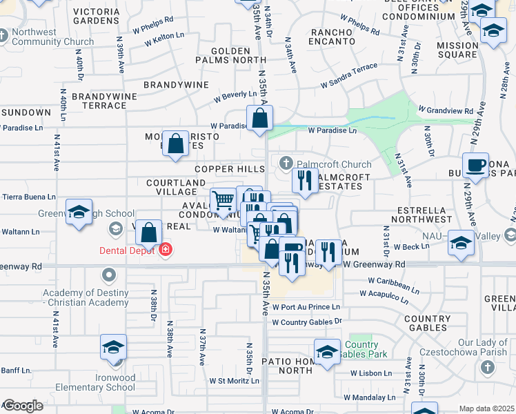 map of restaurants, bars, coffee shops, grocery stores, and more near 15648 North 35th Avenue in Phoenix