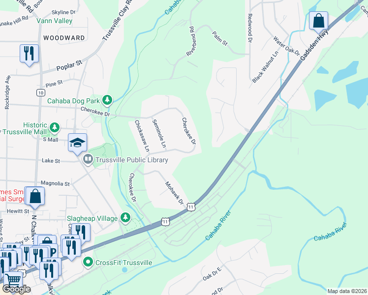 map of restaurants, bars, coffee shops, grocery stores, and more near 316 Cherokee Drive in Trussville