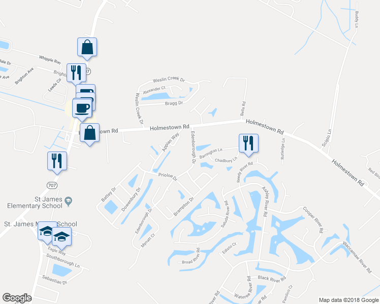 map of restaurants, bars, coffee shops, grocery stores, and more near 3998 Edenborough Drive in Myrtle Beach