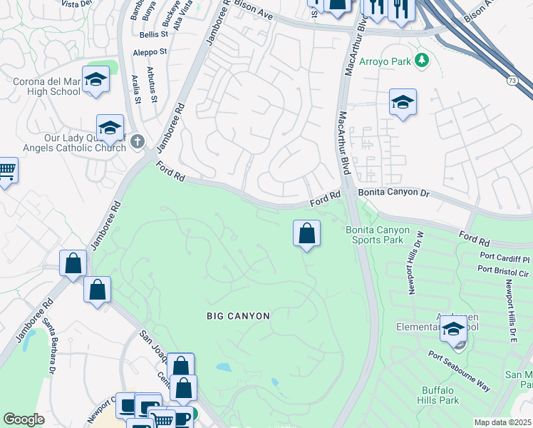 map of restaurants, bars, coffee shops, grocery stores, and more near 42 Canyon Island Drive in Newport Beach