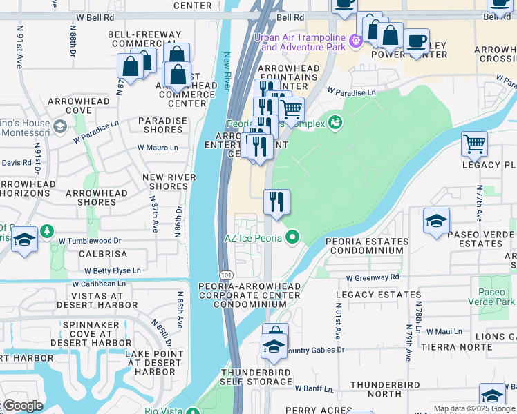 map of restaurants, bars, coffee shops, grocery stores, and more near 15814 North 83rd Avenue in Peoria