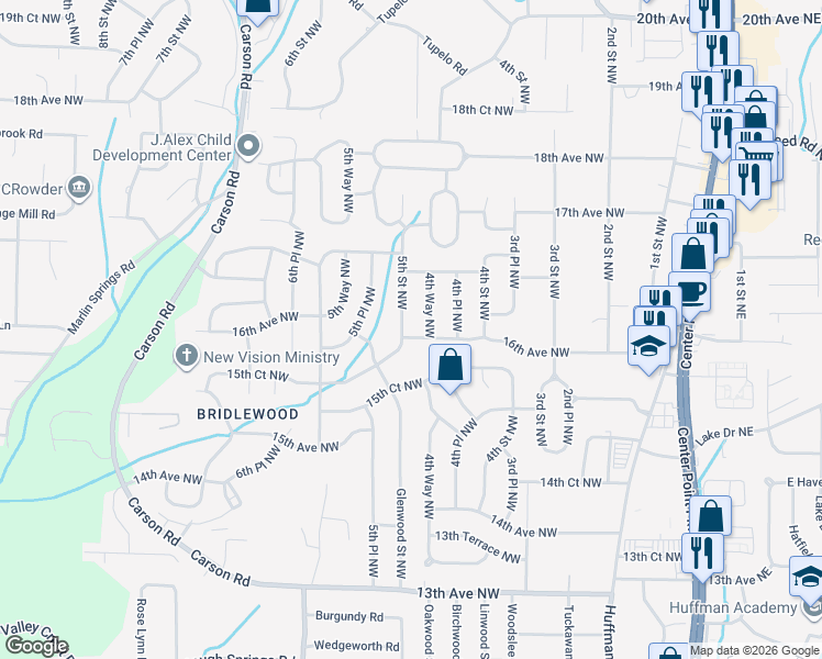 map of restaurants, bars, coffee shops, grocery stores, and more near 432 16th Avenue Northwest in Center Point