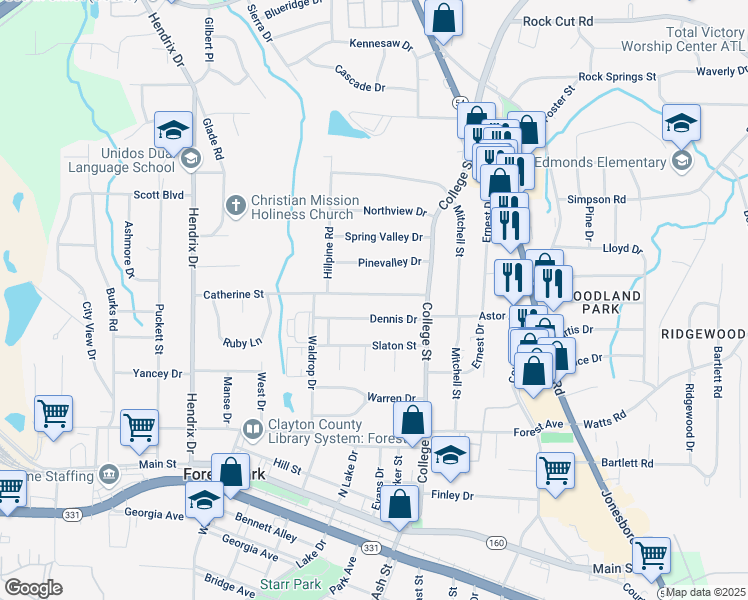 map of restaurants, bars, coffee shops, grocery stores, and more near 831 Catherine Street in Forest Park