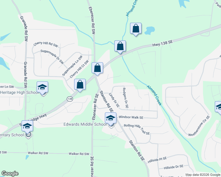 map of restaurants, bars, coffee shops, grocery stores, and more near 245 Brookwood Way in Conyers