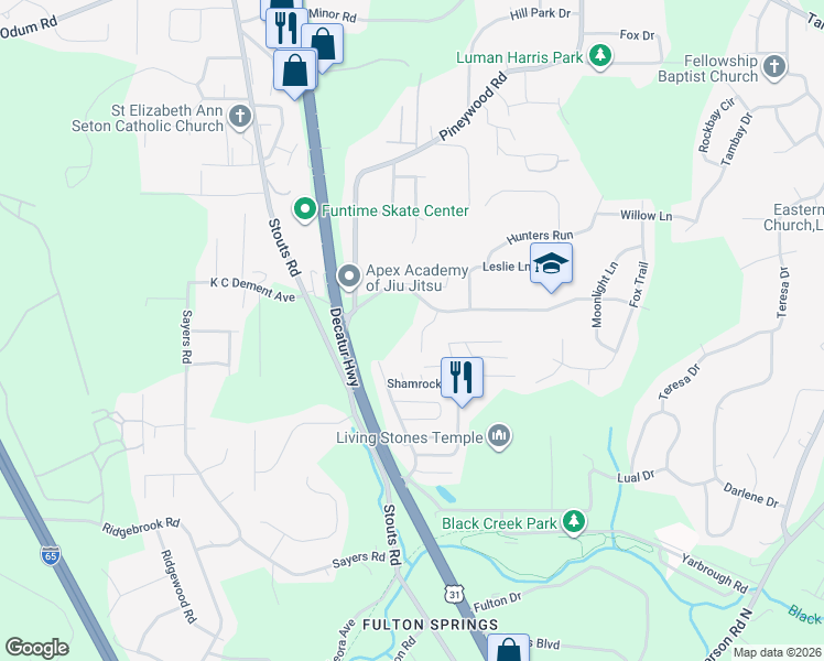 map of restaurants, bars, coffee shops, grocery stores, and more near 2745 Stonefield Drive in Fultondale