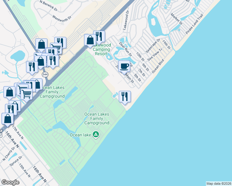map of restaurants, bars, coffee shops, grocery stores, and more near in Surfside Beach