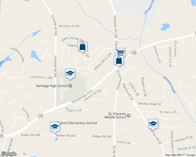 map of restaurants, bars, coffee shops, grocery stores, and more near 1664 Cherry Hill Road Southwest in Conyers
