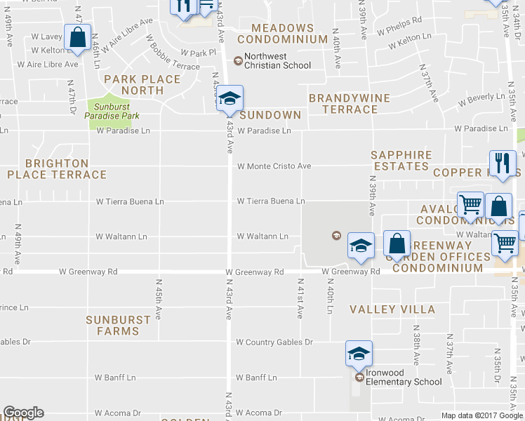 map of restaurants, bars, coffee shops, grocery stores, and more near 4151 West Tierra Buena Lane in Phoenix