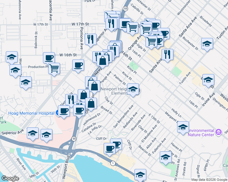 map of restaurants, bars, coffee shops, grocery stores, and more near 530 Westminster Avenue in Newport Beach
