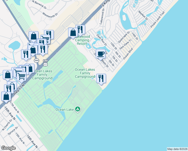 map of restaurants, bars, coffee shops, grocery stores, and more near in Surfside Beach