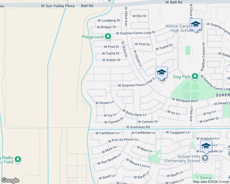 map of restaurants, bars, coffee shops, grocery stores, and more near 18355 West Marconi Avenue in Surprise