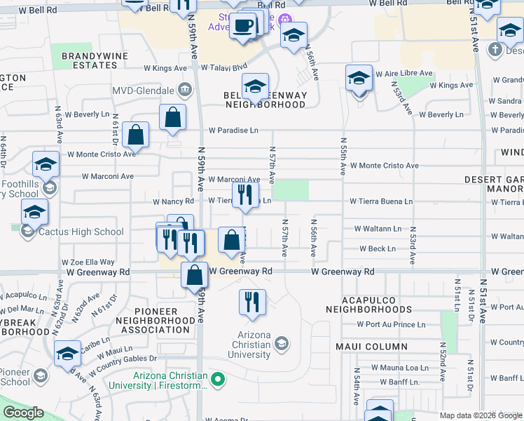 map of restaurants, bars, coffee shops, grocery stores, and more near 5732 West Carol Ann Way in Glendale