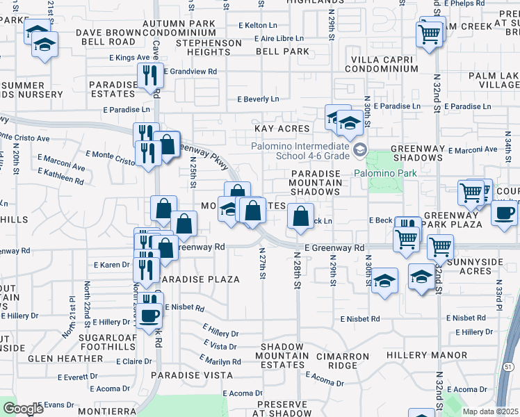 map of restaurants, bars, coffee shops, grocery stores, and more near 2649 East Waltann Lane in Phoenix