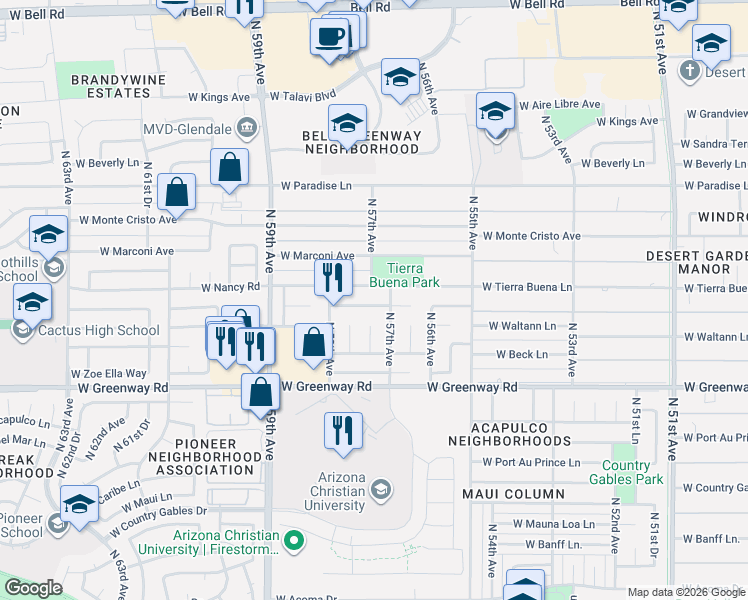 map of restaurants, bars, coffee shops, grocery stores, and more near 5639 West Tierra Buena Lane in Glendale