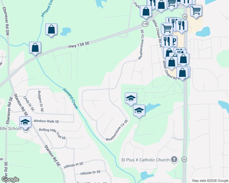 map of restaurants, bars, coffee shops, grocery stores, and more near 2270 Weatherstone Circle Southeast in Conyers