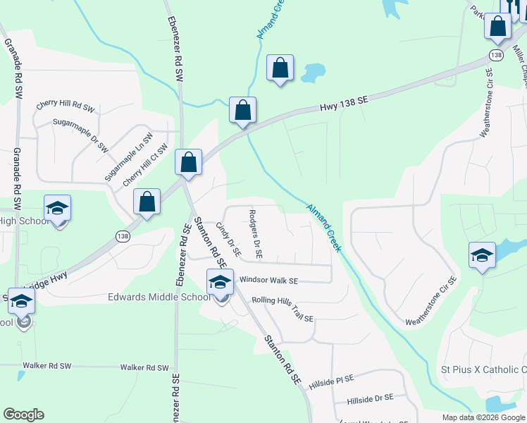 map of restaurants, bars, coffee shops, grocery stores, and more near 351 Morris Drive Southeast in Conyers