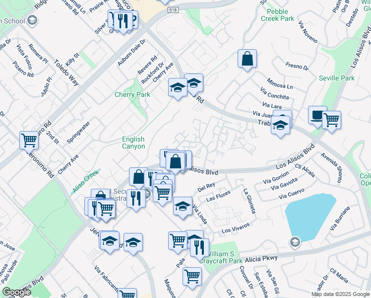 map of restaurants, bars, coffee shops, grocery stores, and more near 26025 Via Pera in Mission Viejo