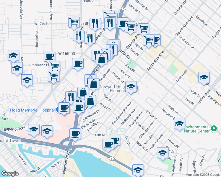 map of restaurants, bars, coffee shops, grocery stores, and more near 510 Bolsa Avenue in Newport Beach