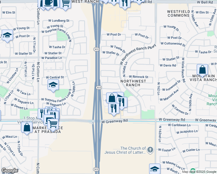 map of restaurants, bars, coffee shops, grocery stores, and more near 16569 West Central Street in Surprise